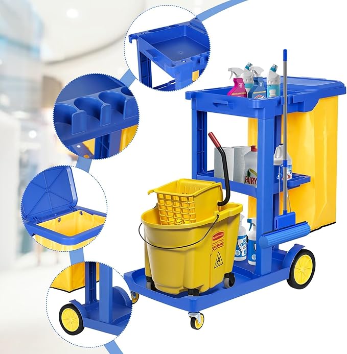 tonchean Commercial Janitorial Cart, 3-Shelf Housekeeping Cart with 22 Gallon Vinyl Bag & Cover, Large Capacity Janitorial Carts on Wheels for Hotels, Stores, Schools, Offices