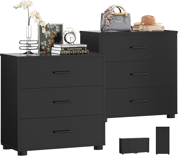 Aheaplus Closet Drawers Set of 2, Wood Closet Organizers and Storage with 3 Drawers, Closet Drawers Organizer System, Nightstands Bedside End Table with 3 Drawers Storage for Bedroom, Black