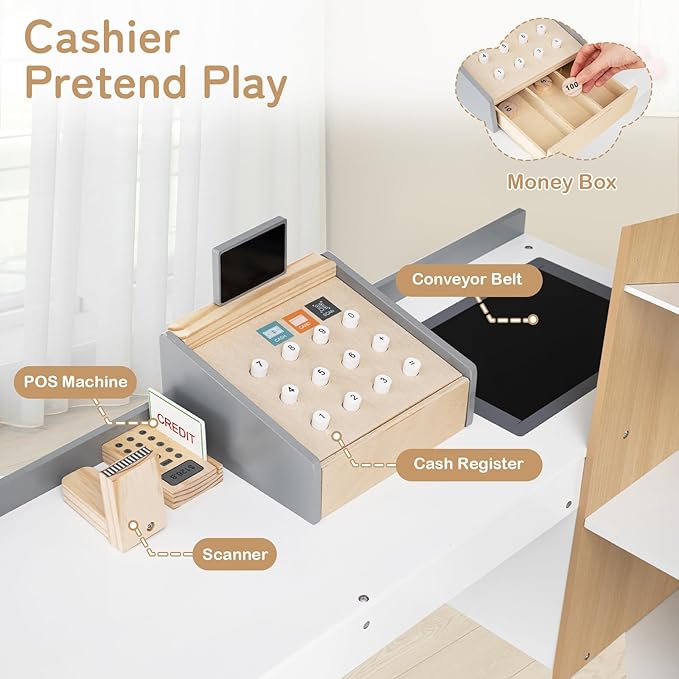 HONEY JOY Kids Grocery Store Playset, Wooden Grocery Store Pretend Play w/Cart, Cash Register Stand w/Coins, Chalkboard, Toddler Supermarket Play Toy for Boys Girls(Play Food Not Included)