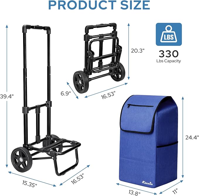 KEDSUM 2 in 1 Shopping Cart for Groceries, 330 lbs Grocery Cart on Wheels, Foldable Utility Carts with Wheels, Load-Bearing Hand Truck with Waterproof Bag for Shopping, Camping, Laundry, Garden, Blue
