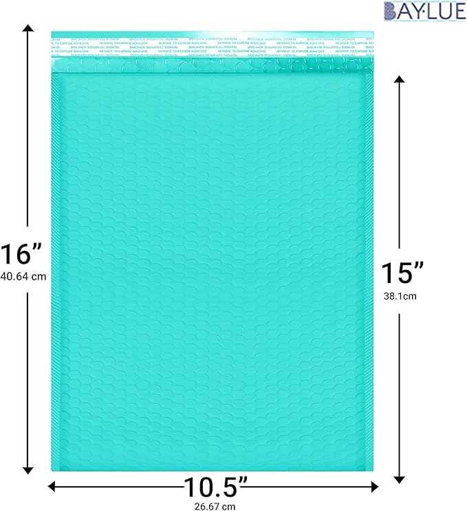 Teal 10.5x16 Inch Poly Bubble Mailers #5 | Self Seal Large Padded Envelopes | Air Cushioned Bubble Mailer | Usable Size 10.5x15 Inch | Waterproof Lightweight Mailing Shipping Bags | 100 Pack Bulk