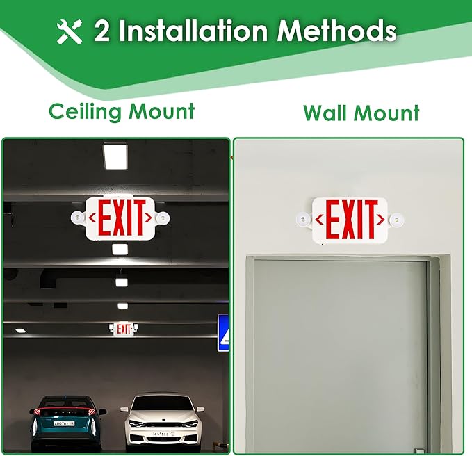 Gruenlich LED Exit Sign Combo with Emergency Lights, Adjustable Heads, Battery Backup, UL 924 Qualified, AC 120-277V, Commercial Emergency Exit Light for Business- 12 Pack