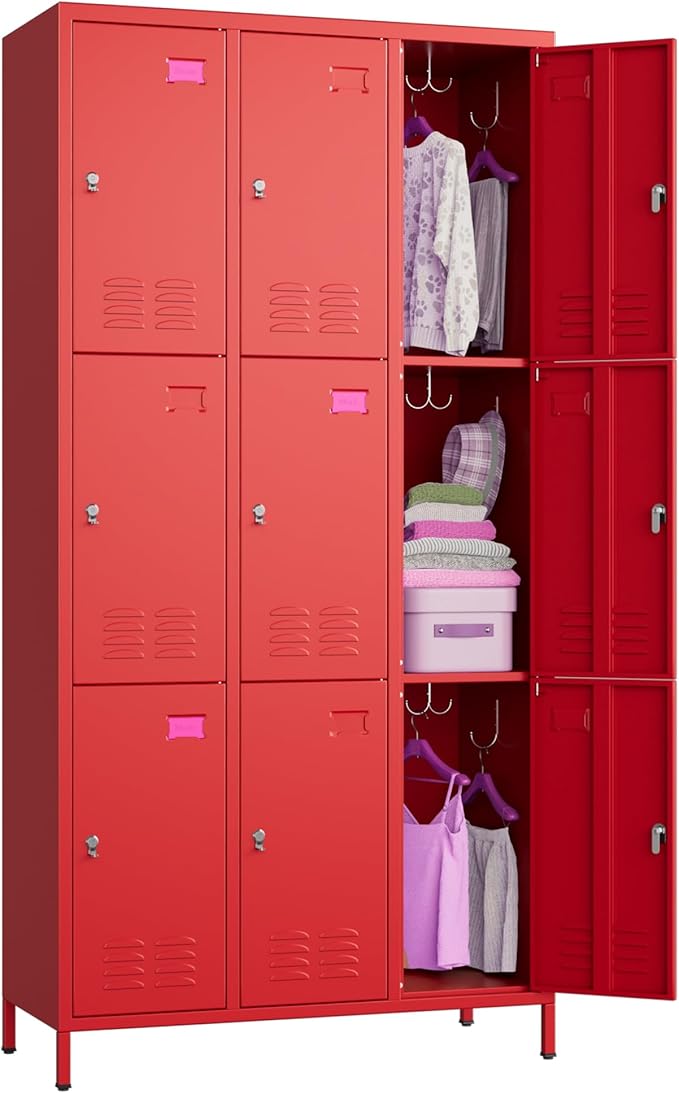 Aobabo New 9 Doors Metal Storage Locker for Employees, Lockable Steel Locker with Name Card Slot and 27 Hooks for School Office Gym Garage, Red, Assembly Required