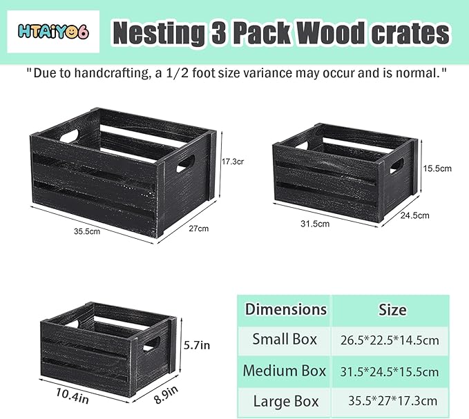 Storage Crates 3 Pack Wooden Nesting Crates with Handles,Rustic Storage Container Boxes,Farmhouse Decorative Baskets for Storage,Display,Decor,Black