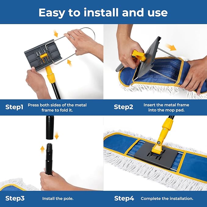 24" Dust for Floor Cleaning, Large Areas Floor Duster with 2 Cotton Reusable Pads, Wet Dry Mop for Hardwood Floors, Marble, Laminate, Tile, Concrete, Garage