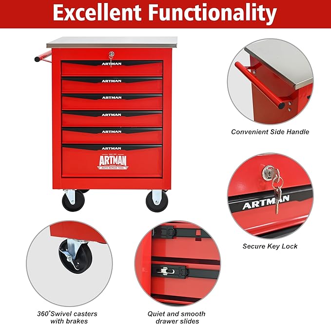 6 Drawers Tool Cart on Wheels with Stainless Steel Worktop, Heavy Duty Mobile Rolling Drawer Tool Chest with Locking Wheels & Lockable Drawers, Garage Tool Storage Cabinet (Red, 6 Drawers)