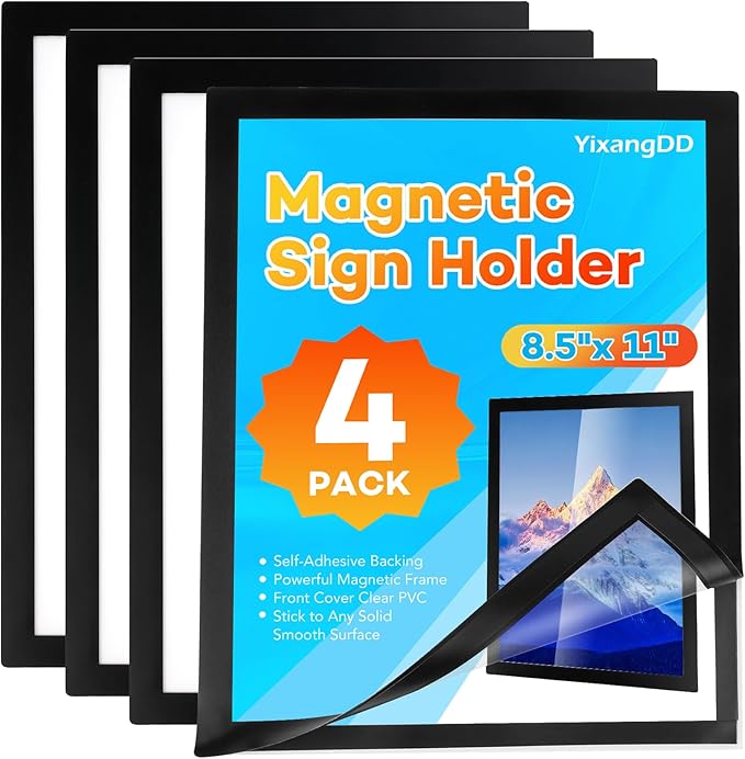 YixangDD 4 Pack Magnetic Sign Holder 8.5 x 11, Self-Adhesive Magnetic Wall Mount Sign Holder, Magnetic Document Holder for Wall Window Office Poster Store
