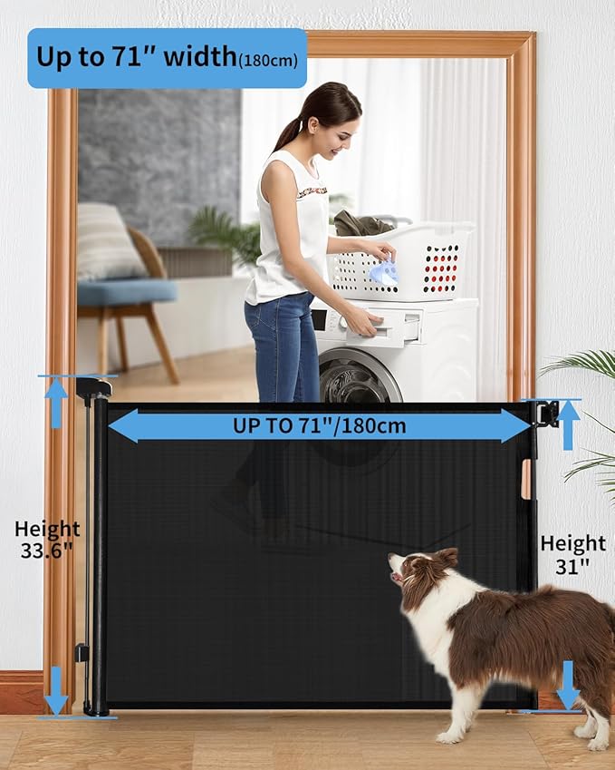 Retractable Baby Gate for Doorways and Stairs, Mesh Safety Gate for Pet, Indoor & Outdoor Use, One-Hand Operation, Easy Installation, 33.6" Tall, Expands to 71" Wide（Black,33.6"x71"）