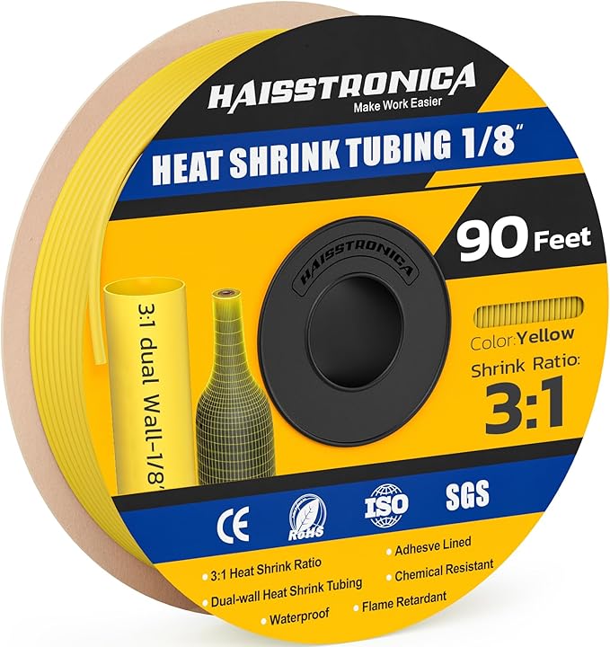 haisstronica 3:1 Heat Shrink Tubing, Shrink Ratio Adhesive Lined Marine Grade Heat Shrink Tube for Home, Automotive and Industrial (Yellow) 90FT 1/8inch
