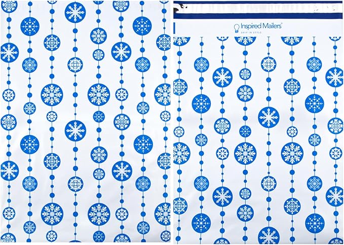 Inspired Mailers - Large Holiday Poly Mailers 14.5 x 19-50 Pack - Snowflake Baubles (Blue) - Large Mailing Envelopes - Large Christmas Shipping Envelopes