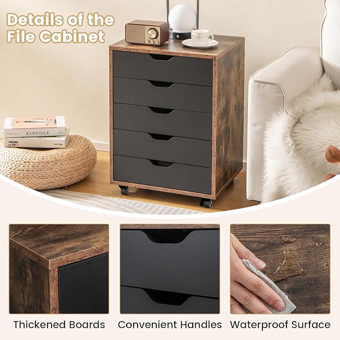 File Cabinet, Mobile Filing Cabinet w/Universal Wheels & 5 Drawers, Wood Printer Stand with Storage, Rolling File Cabinets for Home Office, Living Room, Bedroom (Rustic Brown, 5 Drawers)