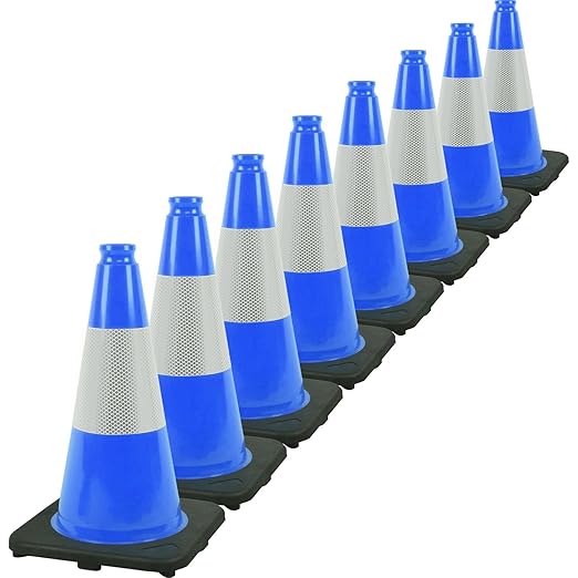 Fluorescent Orange/Green PVC Traffic Cones, Heavy Black Base Parking Lot Cone Structurally Stable Weatherproof Road Construction Safety Cones (8, Blue, 18" Medium)