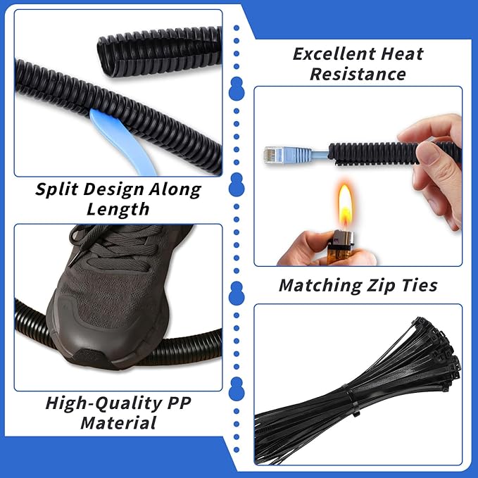 250FT Split Wire Loom Tubing, 3/8 Inch Wire Protector Tubing, Automotive Wire Flexible Conduit Cord Covers with 20 Cable Ties for Automotive Marine RV Agriculture Electrical Cable Protection