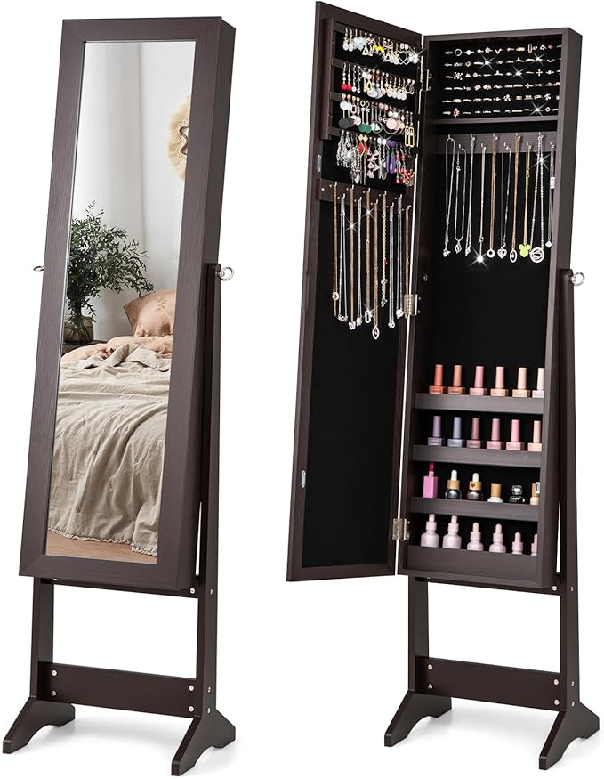 Giantex Jewelry Cabinet with Full-Length Mirror, Standing Jewelry Armoire Organizer with 64 Earring Slots, 20 Necklace Hooks, 72 Ring Slots, 4 Storage Shelves, 3 Angle Adjustable, Espresso