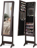 Giantex Jewelry Cabinet with Full-Length Mirror, Standing Jewelry Armoire Organizer with 64 Earring Slots, 20 Necklace Hooks, 72 Ring Slots, 4 Storage Shelves, 3 Angle Adjustable, Espresso