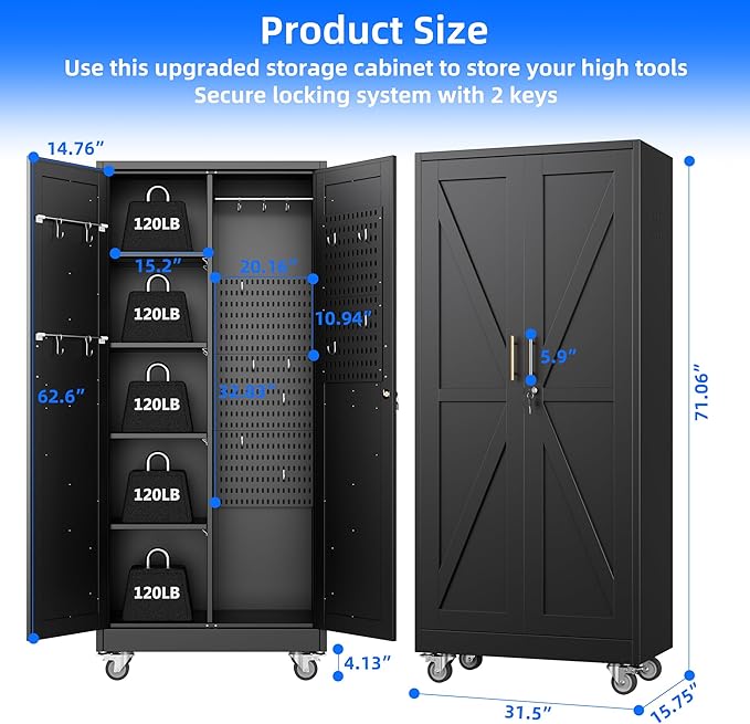 Aobabo Farmhouse Broom Closet Storage Cabinet,Lockable Garage Storage Cabinet with 4 Adjuatable Shelves,Required Assembly,Black,71.06''H*31.5''W*15.75''D