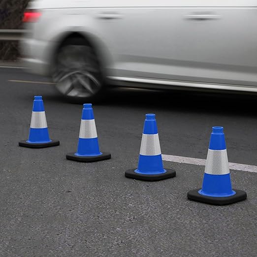 Fluorescent Orange/Green PVC Traffic Cones, Heavy Black Base Parking Lot Cone Structurally Stable Weatherproof Road Construction Safety Cones (4, Blue, 12" Small)