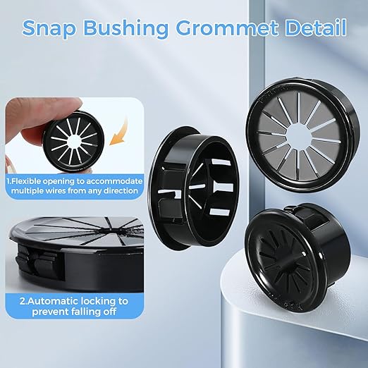 25 Pcs Cable Grommet, Snap Bushing 1-1/8" (28 mm) Mounting Diameter, Flexible Petal-Shaped Buckle Round Nylon Desk Grommet for Wires Through Countertop Cord Organizer and Protection, Black