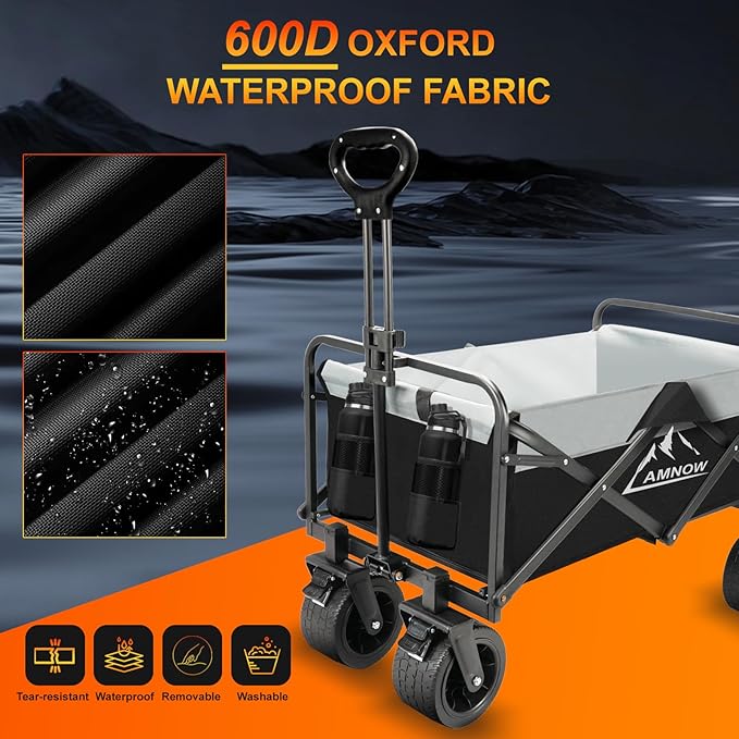 Collapsible Foldable Wagon, Utility Large Capacity Beach Wagon with Big Wheels, Shopping Wagons Cart with Side Pocket and Brakes for Sand Garden Grocery Sports Camping