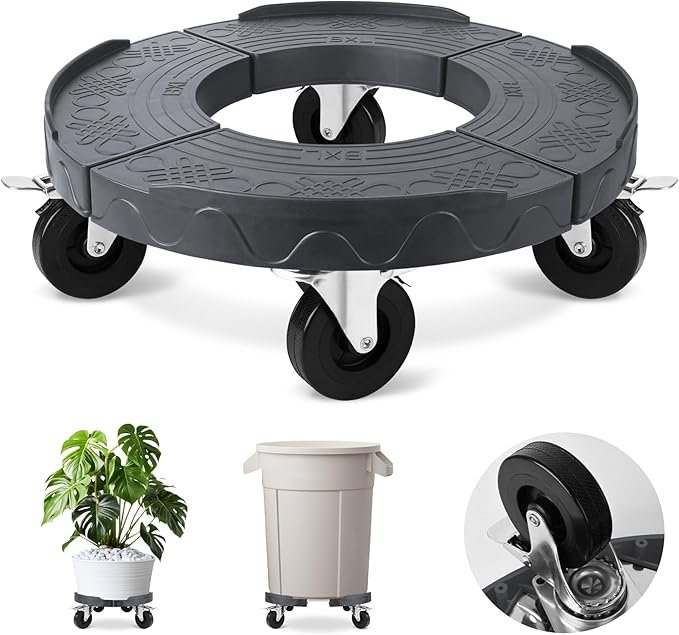 ToLanbbt Trash Can Dolly with 3 in Upgraded Wheels, 15-19 in Adjustable Round Furniture Dolly, Heavy Duty 480 LBS Drum Rolling Base, Keg Dolly for 20, 32, 44, 55 Gallon Garbage Cans, Gray, 1 Pack