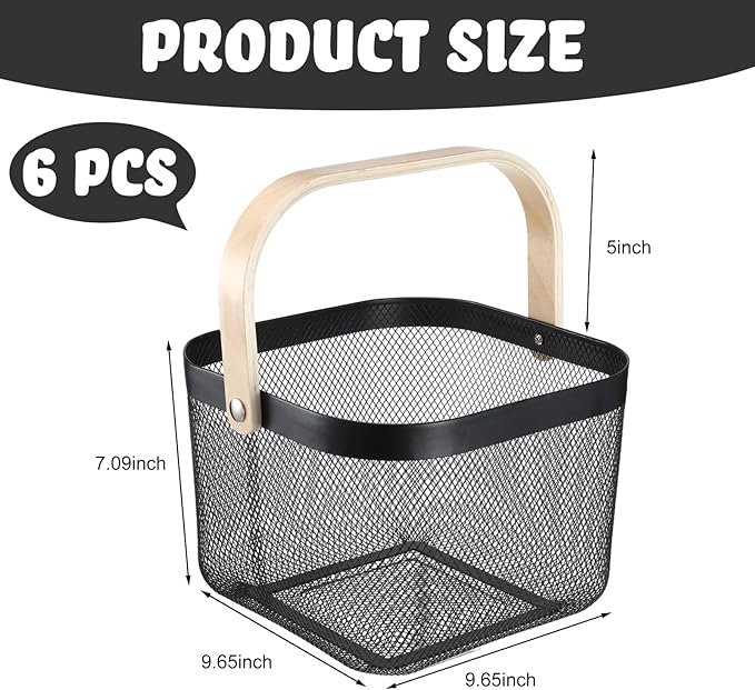 Roshtia 6 Pcs Metal Mesh Steel Basket with Handle, Square Wire Harvest Thanksgiving, Shopping Baskets for Retail Store Christmas Garden Bathroom Kitchen(9.65 x 9.65 x 7.09 Inch,Black)