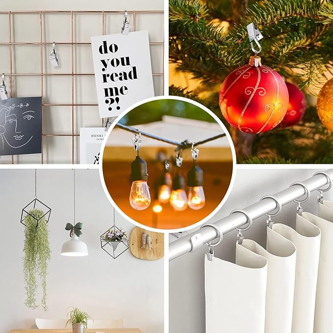 Curtain Clips, 100 Pack Stainless Steel Light Clips for Outside String Lights Party Decor Hanging Photo Camping Tents Arts Crafts Display