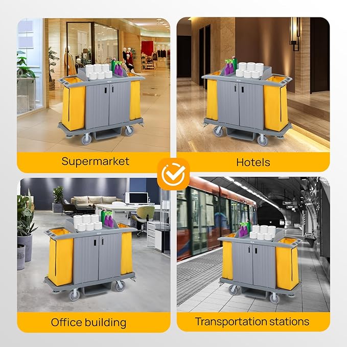 266LBS Premium Hotel & Housekeeping Cart with Door on Wheels, Multifunctional Commercial Cleaning Cart with Large Capacity Vingyl Bags, Comfor Grip Handles and Easy Move Casters, Gray