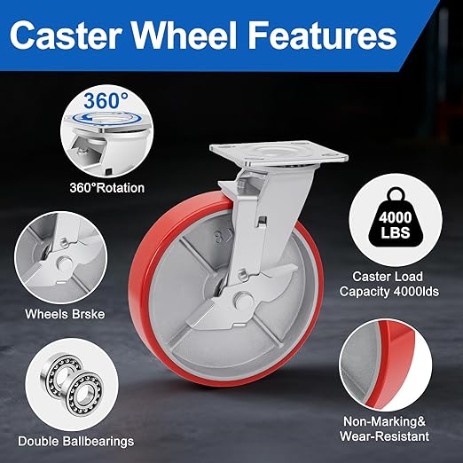 Nefish 8 Inch Industrial Casters Set of 4, Heavy Duty Casters with Brake 6000 Lbs, No Noise Polyurethane Wheel on Steel Hub, Swivel Plate Caster Wheels for Toolbox Workbench (4 Swivel & Brakes)