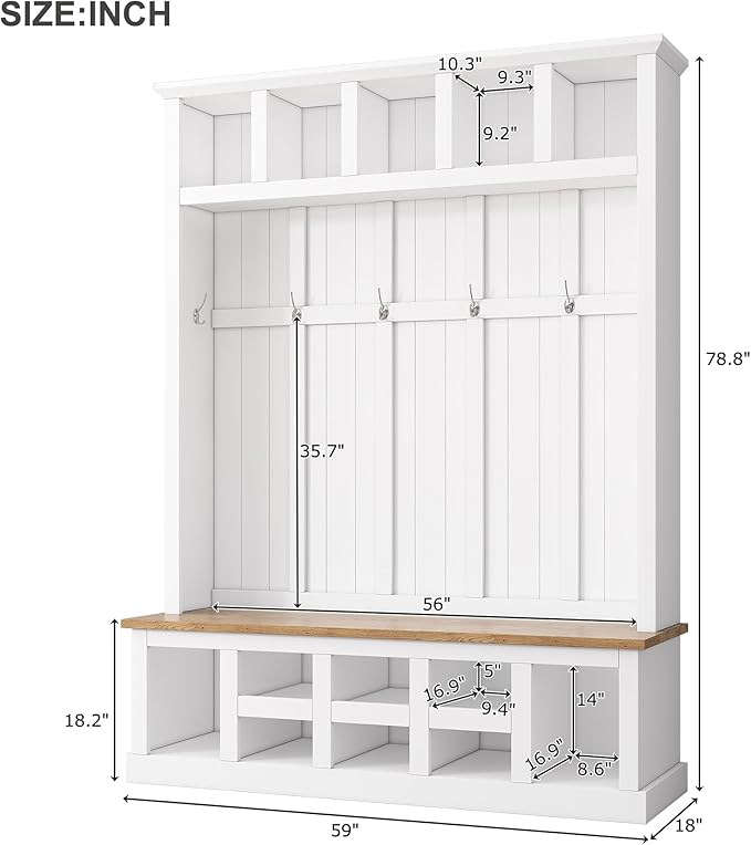 Merax Wood Farmhouse Hall Tree with Storage Entryway Bench, 3-in-1 Coat Racks with 6 Hooks &Shelves for Entrance, Hallway, Mudroom,White