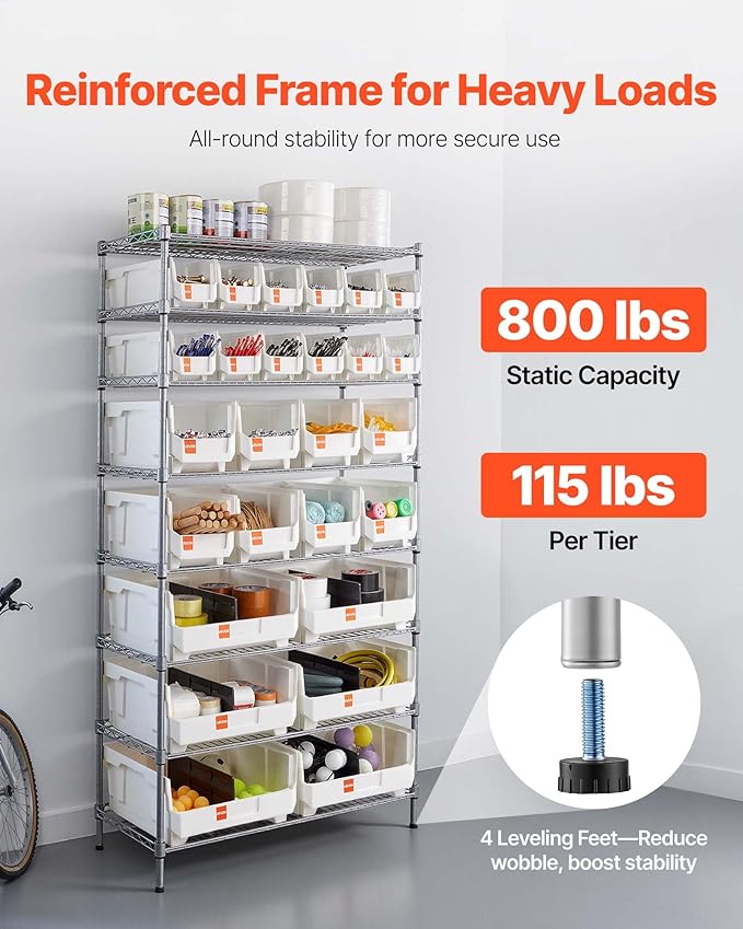 VEVOR 8-Tier Rolling Bin Storage Rack, 26 Organizer Bins, Bin Rack Storage Steel Wire Shelving System with Wheels, Mobile Tool Organizer for Garage, Warehouse, Office, Restaurant, Classroom, Kitchen
