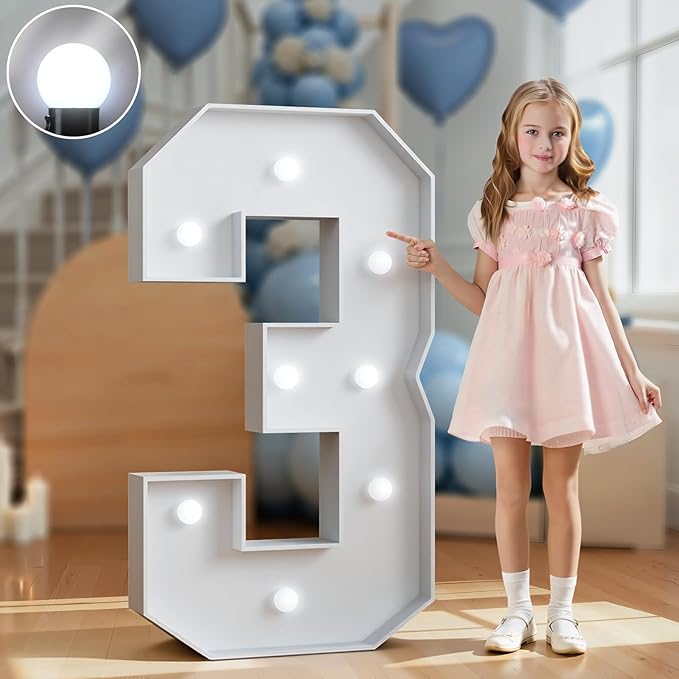 Marquee Numbers 3 Feet Tall Big Light Up Numbers 3rd 13th 30th Happy Birthday Decorations White Anniversary Party Decor Large Cardboard Prop Backdrop Sign 3