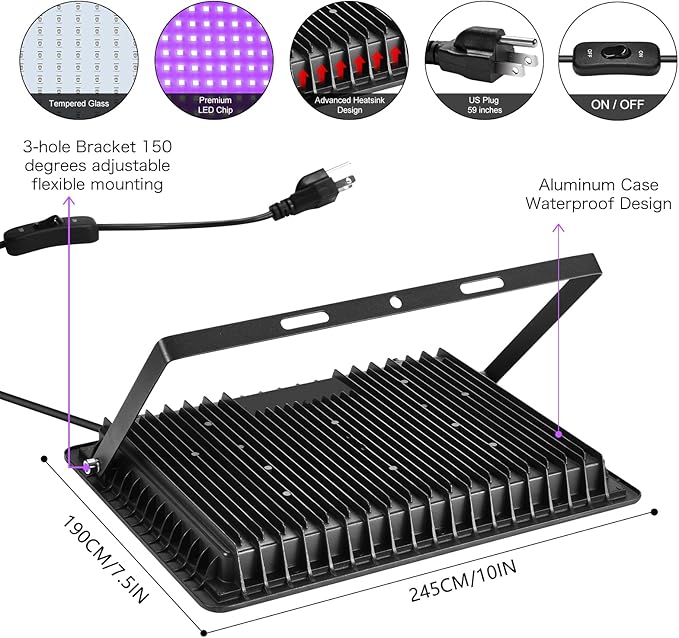 4 Pack 150W LED Flood Black Lights,395nm to 405nm UV Outdoor Flood High Power Blacklight Light with Plug in, IP66 Waterproof Large Black Light Spotlight for Glow Party Large Space, Halloween