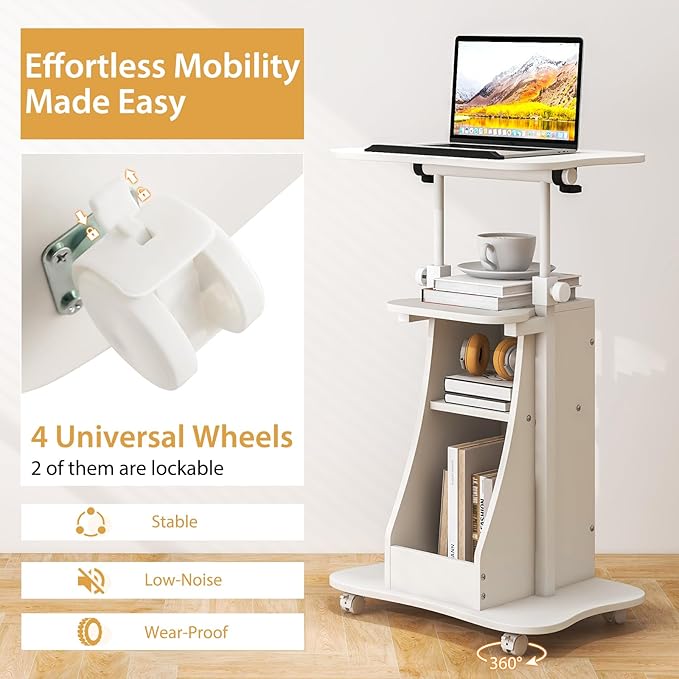 Tangkula Mobile Lectern Podium, Height Adjustable Podium Stand, Standing Sit-to-Stand Desk, Rolling Cart Laptop Desk with Swivel Top Movable Wheels & Storage