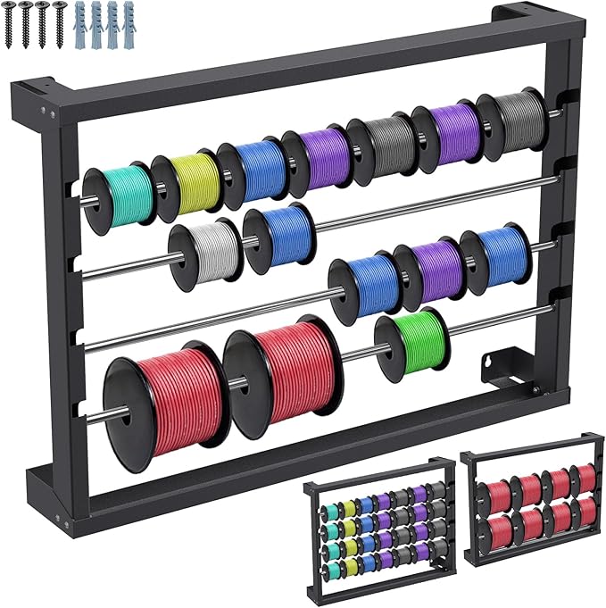 SELEWARE Heavy Duty Wall-Mounted Wire Spool Rack – Cable Reel Holder and Dispenser with 4 Adjustable Stainless Steel Rods for Industrial, Electrical, and Retail Storage and Display (Black)