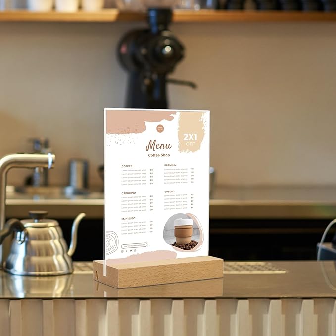 TONICE 8.5 x 11 Acrylic Sign Holder with Wood Base 3 Pack L/T Shape Vertical or Slant Back Display for Wedding, Restaurant, Store, Office, Hotel