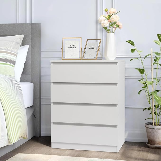 Dresser for Bedroom, Modern Wood Dresser Chest of Drawers, No Handle Storage Cabinet for Girls, Anti-Tipping Device, Living Room, Home Office, Hallway Organizer (White, 4 Drawers)
