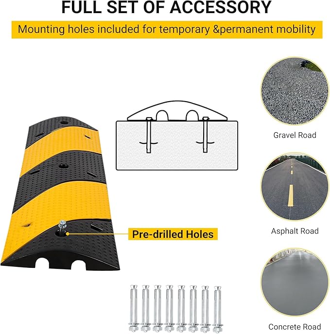 3.3 FT Heavy Duty Rubber Speed Bump 2-Pack, Driveway Cable Protector Ramp with Installation Bolts for Parking Lots, Garage & Gravel Roads
