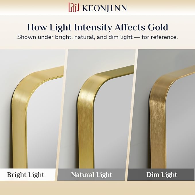 Keonjinn Gold Bathroom Mirrors for Over Sink, 28” x 36” Rounded Rectangle Brushed Gold Vanity Mirror, Anti-Rust Brass Mirror with HD Tempered Glass, Decorative Farmhouse Mirrors, Horizontal/Vertical