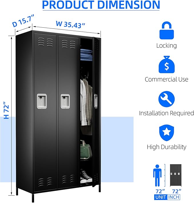 Aobabo Metal Lockers for Employees, 3 Doors Storage Locker with 9 Hooks for Office Home, Black, Assembly Required