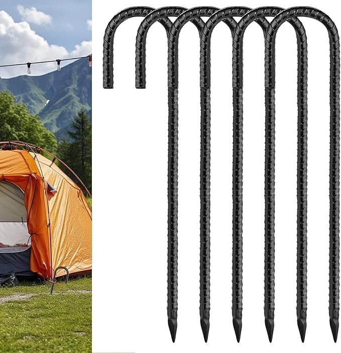 Black Rebar Stakes 12 inch (6pcs) - Heavy Duty 6mm Metal J Hook Ground Stakes,Galvanized Steel for Tent,Bounce House,Fence,Dog Coop,Artificial Turf,Outdoor Plants,Christmas & Holiday Decorations
