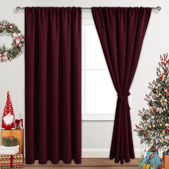 JIUZHEN Christmas Blackout Curtains for Bedroom - Thermal Insulated Room Darkening Rod Pocket Curtains for Living Room, Set of 2 Panels with Tiebacks, 70 x 96 Inch Length, Burgundy