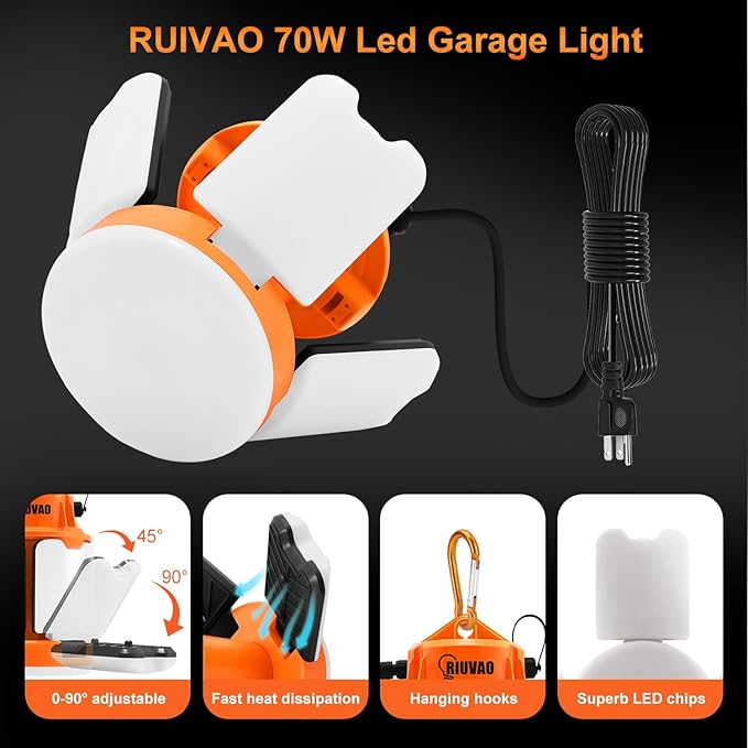 LED Temporary Work Light 70W Daylight White 5000K 10500 Lumens Construction work Light 4 Adjustable Light Panels with Hooks Portable Connectable for Workshop Mine Job Site Lighting