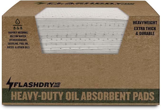 FLASHDRY Heavy Duty Oil Absorbent Pads - 300GSM/4mm (100 Pack, 17.5"x13.5") - Oil-Only Spill Pads for Garage, Marine, Automotive & Industrial Use - Fast Absorbing, Unsinkable, Cut to Size