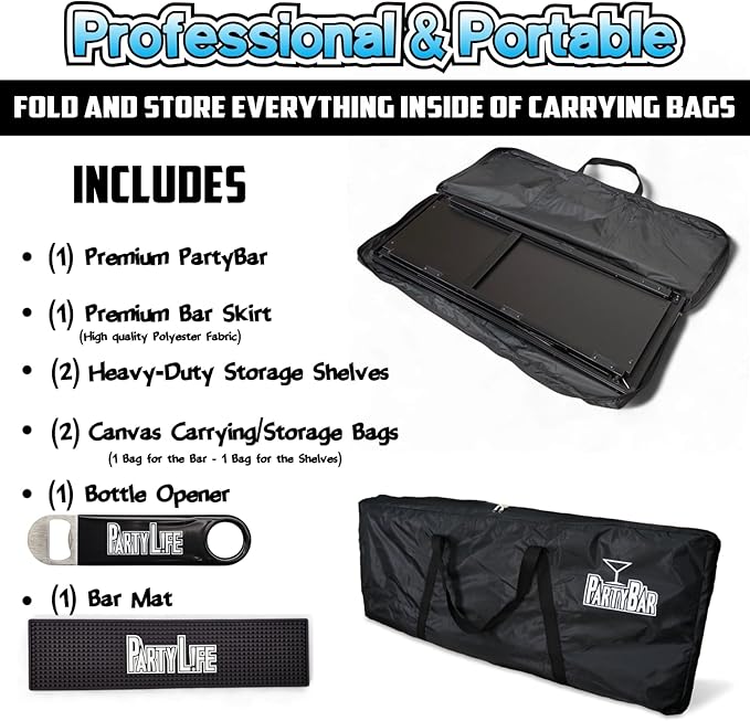 PartyLife Custom Premium Portable Bar Table w/Folding Legs, Black Fabric Bar Skirt, 2 Storage Shelves & 2 Carrying Bags | Commercial Grade | Strong & Sturdy