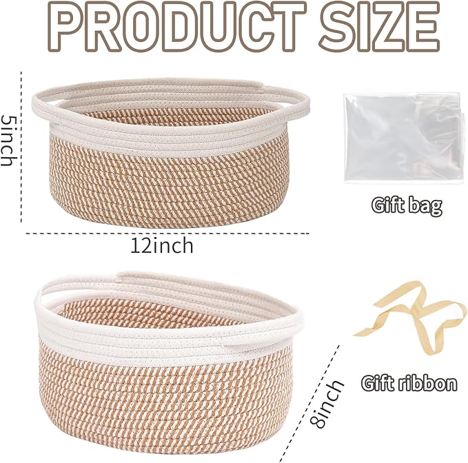 Woven Basket,Small Rope Storage Bin with Handles & Ribbon Bag, Organizer for Shelves Closets,Gift Basket Empty for Birthday,Books,Dog Toys, White&Brown Block