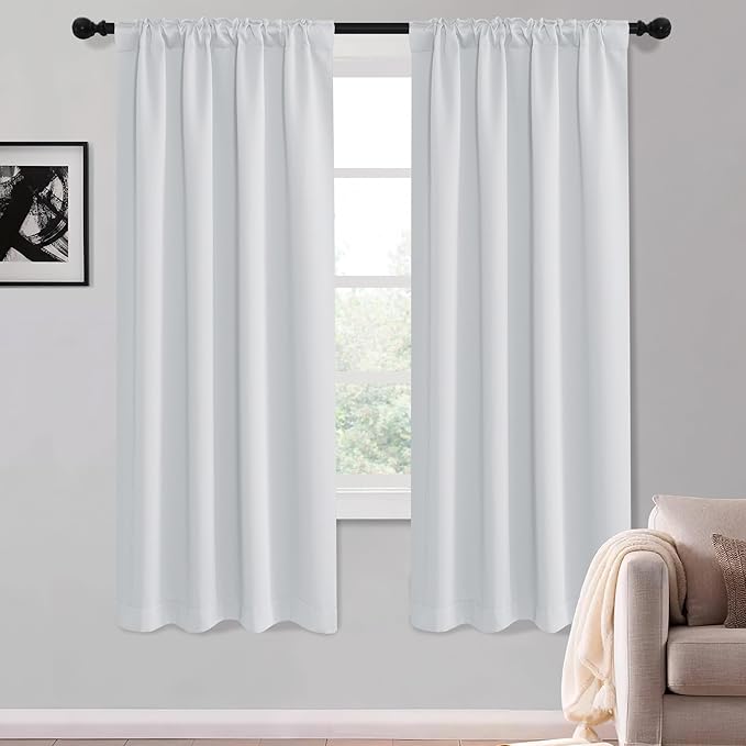 KGORGE 63 inch Curtains 2 Panel Set, Privacy Solid Thermal Insulation Noise Reducing Light Filtering Drapes for Kids Room Living Room, Back Tab Rod Pocket, W52 x L63 inches, Greyish White, 2 Panels