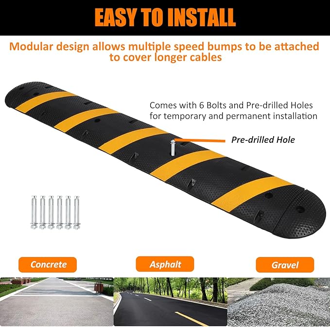 Heavy Duty 84" Rubber Speed Bumps - 2 Channel Modular Traffic Hump, Cable Protector Ramps for Asphalt, Concrete & Gravel Driveways, Includes 2 End Caps & 6 Spikes
