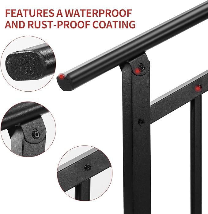 Metty Metal Handrails for Outdoor Steps Suitable for 1 to 2 Steps- Wrought Iron Stair Railing- Step Steady with 2 Feet Handrailing- Safe Indoor Home Banisters (Black with Balusters)