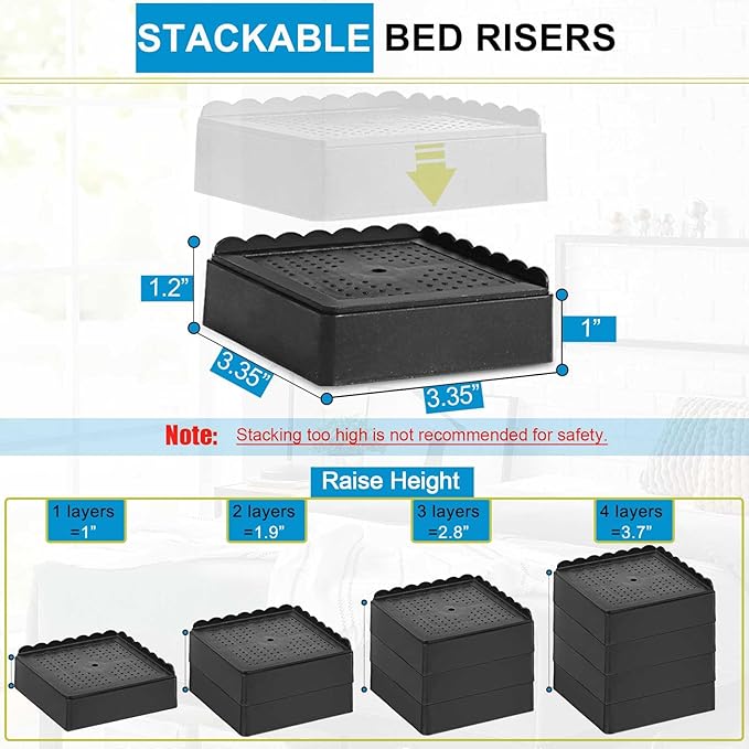 Bed Risers 1 inch, 2 inch, 3 inch, 4 inch Heavy Duty, Adjustable Furniture Riser for Table Desk Couch Sofa Chair Recliner Leg Frame Dorm, Stackable Bed Raisers Blocks (Black 4 Pack, 1+1 inch)
