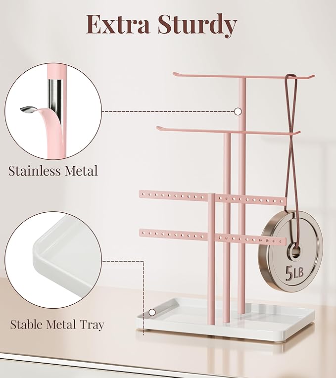 pickpiff Pink Jewelry Stand Holder Organizer: 12.5" Sturdy Hanger for 80 Pcs Jewelry, Jewlery Tower for Display Necklace, Earring, Bracelet, Watch